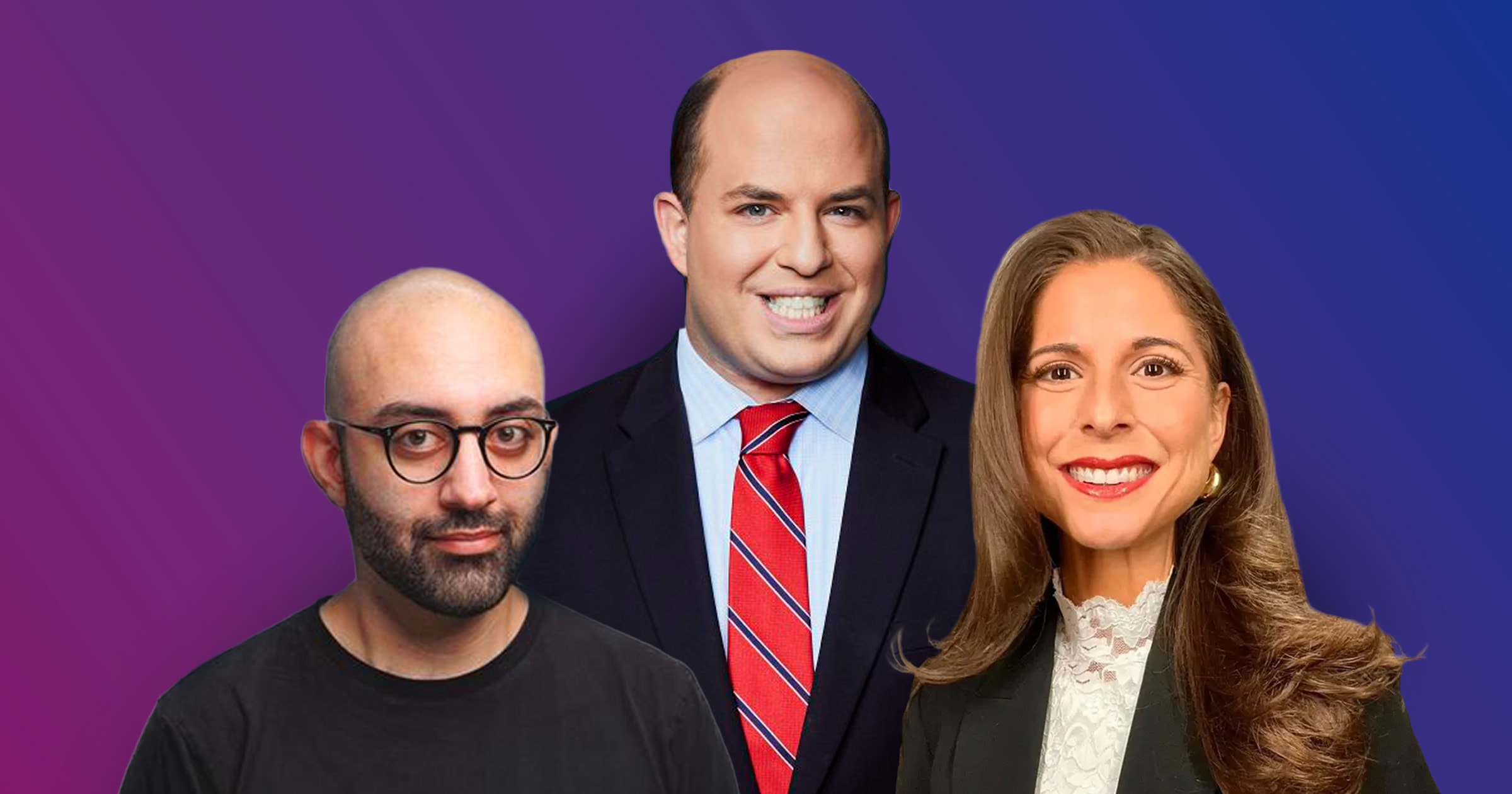 A graphic displays headshots of speakers Oliver Darcy (Status), Brian Stelter (CNN Worldwide) and Sara Fischer (Axios)