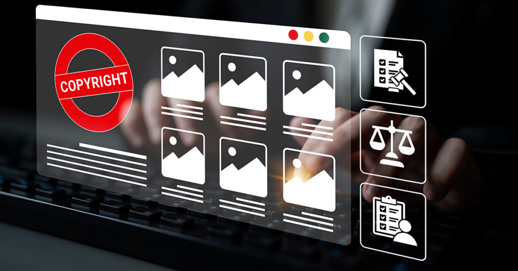 A conceptual illustration depicting digital copyright protection with a computer screen displaying images, legal symbols, and hands typing, symbolizing modern visual media law. 